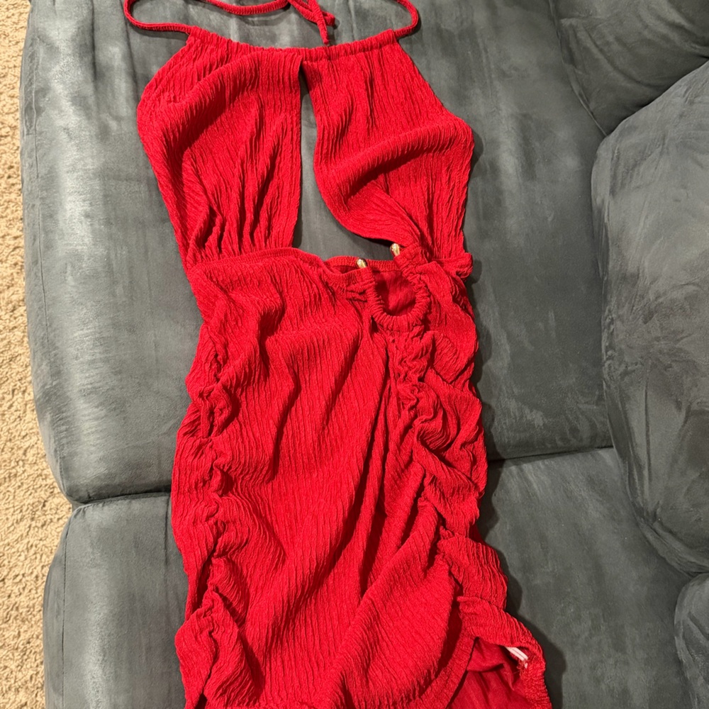 SHEIN Red Backless Ruched Halter Mini Dress